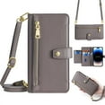 thumbnail image 1 of Zipper Wallet Case for iPhone 16, Crossbody Purse Cover with Lanyard & Wrist Hand Strap, Premium PU Leather 6 Card Holders Flip Kickstand Shockproof Magnetic Case, Gray, 1 of 8