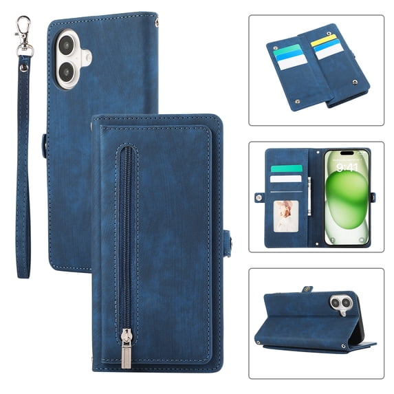 Zipper Wallet Case for iPhone 16 Plus with Wrist Strap, Premium PU Leather Folding Kickstand Card Holder Flip Case Magnetic Closure Full Body Protection for iPhone 16 Plus, Blue