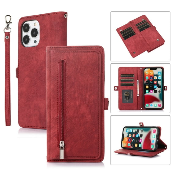 Zipper Wallet Case for iPhone 16 Pro with Wrist Strap, Premium PU Leather Folding Kickstand Card Holder Flip Case Magnetic Closure Full Body Protection for iPhone 16 Pro, Red