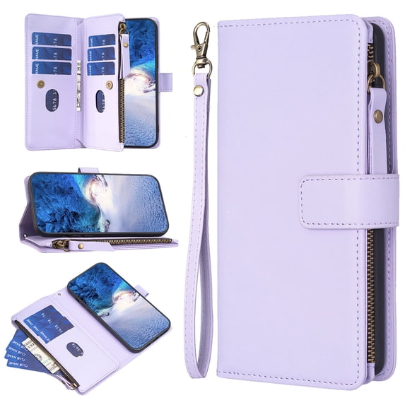 Zipper Wallet Case for iPhone 16 Wrist Hand Strap PU Leather Flip Case, Credit Card Slots Kickstand Magnetic Clasp TPU Shell Shockproof Cover for iPhone 16 Women Men, Purple