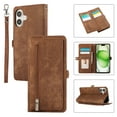 thumbnail image 1 of Zipper Wallet Case for iPhone 16 with Wrist Strap, Premium PU Leather Folding Kickstand Card Holder Flip Case Magnetic Closure Full Body Protection for iPhone 16, Brown, 1 of 7