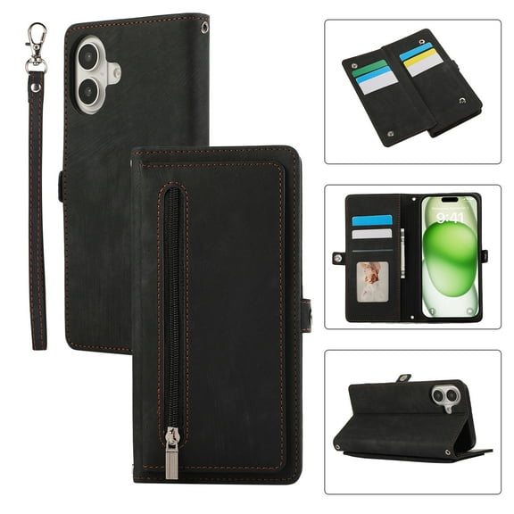 Zipper Wallet Case for iPhone 16 with Wrist Strap, Premium PU Leather Folding Kickstand Card Holder Flip Case Magnetic Closure Full Body Protection for iPhone 16, Black