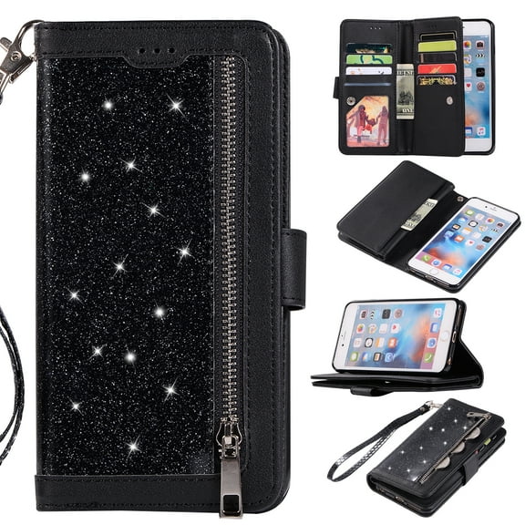 Zipper Wallet Case for iPhone 6S Plus iPhone 6 Plus 5.5-inch, Allytech Bling Glitter Leather Case with 9 Credit Card Holder Flip Magnetic Closure Stand Cover with Cash Pocket and Hand Strap, Black