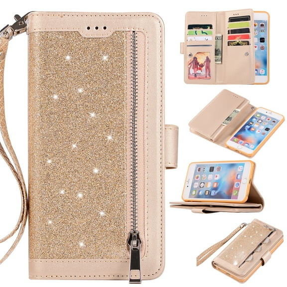 Zipper Wallet Case for iPhone 6S iPhone 6 4.7-inch, Allytech Bling Glitter Leather Case with 9 Credit Card Holder Flip Magnetic Closure Stand Cover with Cash Pocket and Hand Strap, Gold