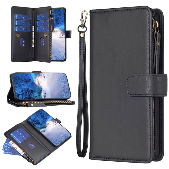 Zipper Wallet Case for iPhone 7 / iPhone 8 / iPhone SE 2022 & 2020 Wrist Hand Strap PU Leather Flip Case, Credit Card Slots Kickstand Magnetic Clasp TPU Shell Shockproof Cover for Women Men, Black