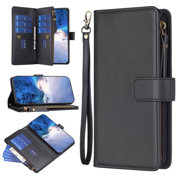 Zipper Wallet Case for iPhone 8 Plus / iPhone 7 Plus, for Women& Men Flip Purse Cover with Credit Card Slots Wrist Hand Strap Kickstand, PU Leather Magnetic Clasp TPU Shockproof Case, Black