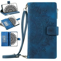 Zipper Wallet Case for iPhone SE 2022/iPhone SE 2020/iPhone 8/iPhone 7,for Women Men,Embossed Pattern PU Leather Card Slots Magnetic Flip Stand Crossbody Phone Case with Shoulder Strap,Blue