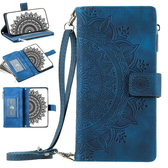 Zipper Wallet Case for iPhone SE 2022/iPhone SE 2020/iPhone 8/iPhone 7,for Women Men,Embossed Pattern PU Leather Card Slots Magnetic Flip Stand Crossbody Phone Case with Shoulder Strap,Blue