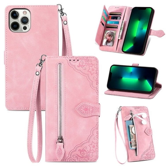Zipper Wallet Cover For iPhone 15 Pink Magnetic Leather Case