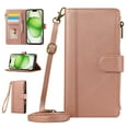 thumbnail image 1 of Zipper Wallet Cover for Google Pixel 7A, Case with Crossbody Strap & Wrist Strap Card Holder Folding Stand Premium PU Leather Folio Flip Phone Case for Women for Google Pixel 7A, Rosegold, 1 of 8