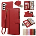thumbnail image 1 of Zipper Wallet Cover for Samsung Galaxy S22, Case with Crossbody Strap & Wrist Strap Card Holder Folding Stand Premium PU Leather Folio Flip Phone Case for Women for Galaxy S22, Red, 1 of 8