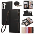 thumbnail image 1 of Zipper Wallet Cover for Samsung Galaxy S22, Case with Crossbody Strap & Wrist Strap Card Holder Folding Stand Premium PU Leather Folio Flip Phone Case for Women for Galaxy S22, Black, 1 of 8