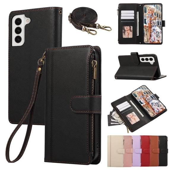 Zipper Wallet Cover for Samsung Galaxy S22, Case with Crossbody Strap & Wrist Strap Card Holder Folding Stand Premium PU Leather Folio Flip Phone Case for Women for Galaxy S22, Black