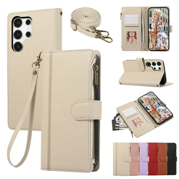 Zipper Wallet Cover for Samsung Galaxy S23 Ultra, Case with Crossbody Strap & Wrist Strap Card Holder Folding Stand Premium PU Leather Folio Flip Phone Case for Women for Galaxy S23 Ultra, Beige