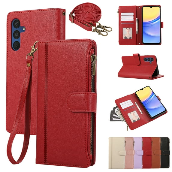 Zipper Wallet Cover for Samsung Galaxy S25 Plus, Case with Crossbody Strap & Wrist Strap Card Holder Folding Stand Premium PU Leather Folio Flip Phone Case for Women for Galaxy S25 Plus, Red