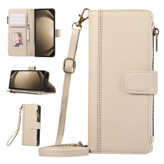 Zipper Wallet Cover for Samsung Galaxy Z Fold 4, Case with Crossbody Strap & Wrist Strap Card Holder Folding Stand Premium PU Leather Folio Flip Phone Case for Women for Galaxy Z Fold 4, Beige