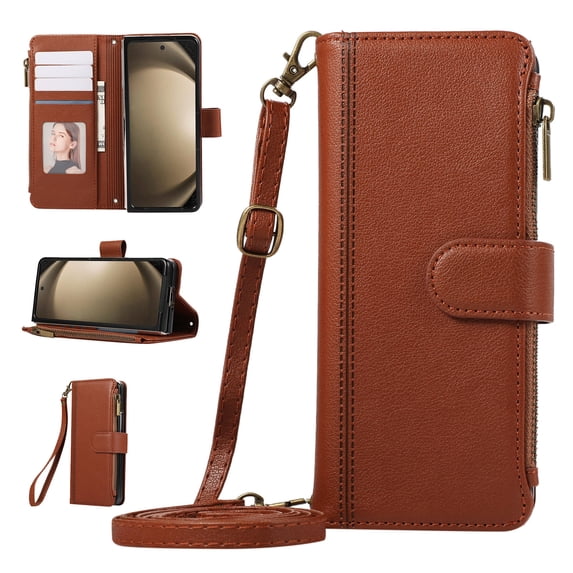 Zipper Wallet Cover for Samsung Galaxy Z Fold 4, Case with Crossbody Strap & Wrist Strap Card Holder Folding Stand Premium PU Leather Folio Flip Phone Case for Women for Galaxy Z Fold 4, Brown