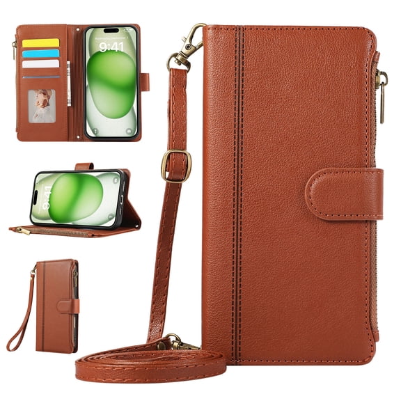 Zipper Wallet Cover for iPhone 11, Case with Crossbody Strap & Wrist Strap Card Holder Folding Stand Premium PU Leather Folio Flip Phone Case for Women for iPhone 11, Brown