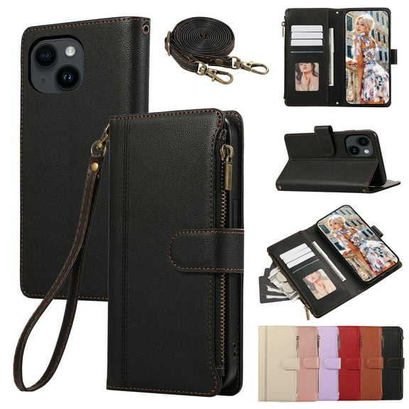 Zipper Wallet Cover for iPhone 13, Case with Crossbody Strap & Wrist Strap Card Holder Folding Stand Premium PU Leather Folio Flip Phone Case for Women for iPhone 13, Black