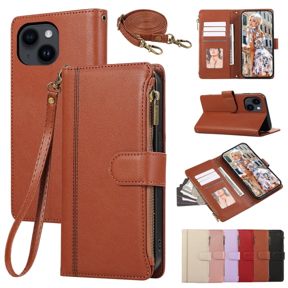 Zipper Wallet Cover for iPhone 13, Case with Crossbody Strap & Wrist Strap Card Holder Folding Stand Premium PU Leather Folio Flip Phone Case for Women for iPhone 13, Brown