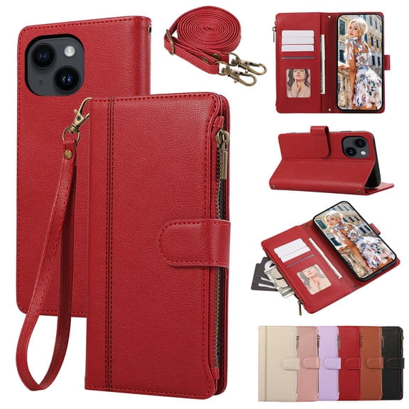 Zipper Wallet Cover for iPhone 14, Case with Crossbody Strap & Wrist Strap Card Holder Folding Stand Premium PU Leather Folio Flip Phone Case for Women for iPhone 14, Red