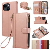 Zipper Wallet Cover for iPhone 14, Case with Crossbody Strap & Wrist Strap Card Holder Folding Stand Premium PU Leather Folio Flip Phone Case for Women for iPhone 14, Rosegold