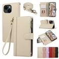 thumbnail image 1 of Zipper Wallet Cover for iPhone 15, Case with Crossbody Strap & Wrist Strap Card Holder Folding Stand Premium PU Leather Folio Flip Phone Case for Women for iPhone 15, Beige, 1 of 8