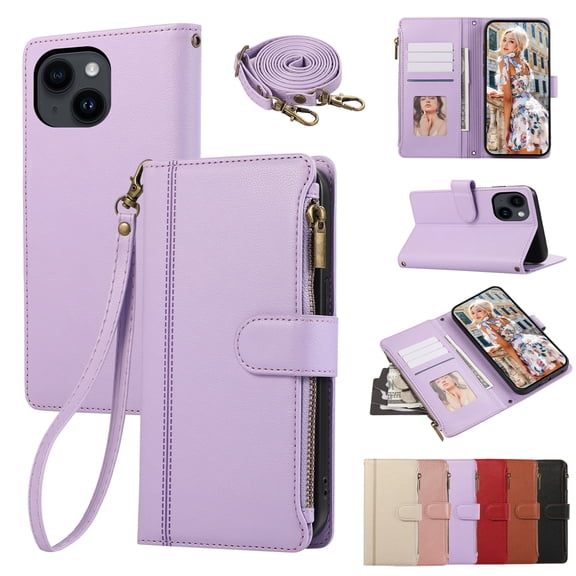 Zipper Wallet Cover for iPhone 15, Case with Crossbody Strap & Wrist Strap Card Holder Folding Stand Premium PU Leather Folio Flip Phone Case for Women for iPhone 15, Purple