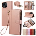 thumbnail image 1 of Zipper Wallet Cover for iPhone 15, Case with Crossbody Strap & Wrist Strap Card Holder Folding Stand Premium PU Leather Folio Flip Phone Case for Women for iPhone 15, Rosegold, 1 of 8