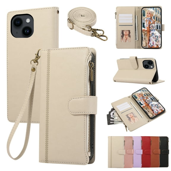 Zipper Wallet Cover for iPhone 15 Plus, Case with Crossbody Strap & Wrist Strap Card Holder Folding Stand Premium PU Leather Folio Flip Phone Case for Women for iPhone 15 Plus, Beige
