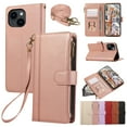 thumbnail image 1 of Zipper Wallet Cover for iPhone 15 Plus, Case with Crossbody Strap & Wrist Strap Card Holder Folding Stand Premium PU Leather Folio Flip Phone Case for Women for iPhone 15 Plus, Rosegold, 1 of 8