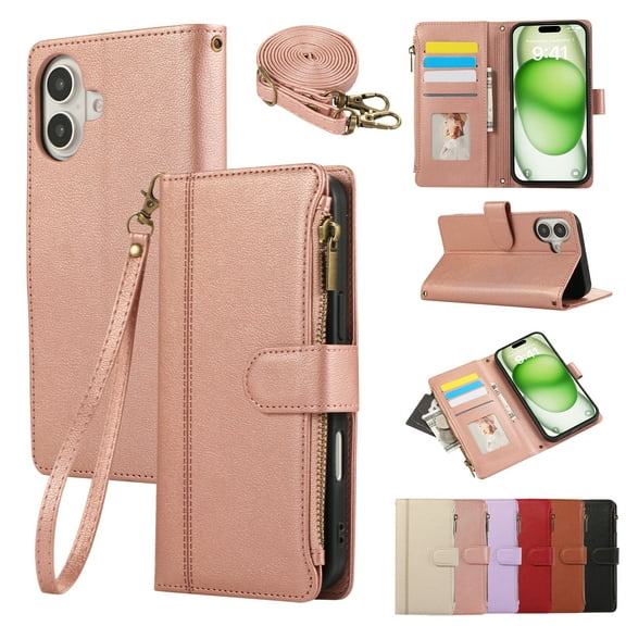 Zipper Wallet Cover for iPhone 16 Plus, Case with Crossbody Strap & Wrist Strap Card Holder Folding Stand Premium PU Leather Folio Flip Phone Case for Women for iPhone 16 Plus, Rosegold