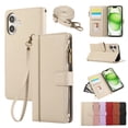 thumbnail image 1 of Zipper Wallet Cover for iPhone 16 Plus, Case with Crossbody Strap & Wrist Strap Card Holder Folding Stand Premium PU Leather Folio Flip Phone Case for Women for iPhone 16 Plus, Beige, 1 of 9