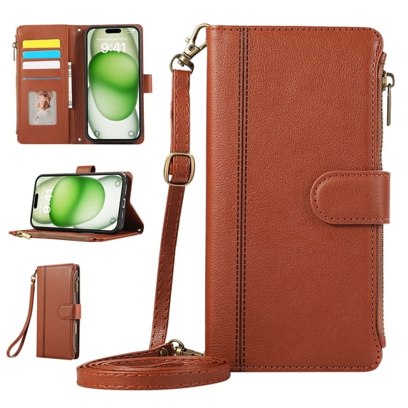 Zipper Wallet Cover for iPhone XR, Case with Crossbody Strap & Wrist Strap Card Holder Folding Stand Premium PU Leather Folio Flip Phone Case for Women for iPhone XR, Brown
