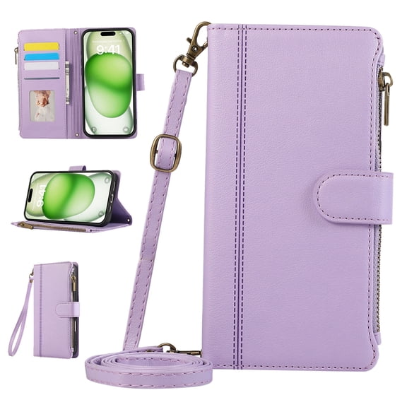 Zipper Wallet Cover for iPhone XR, Case with Crossbody Strap & Wrist Strap Card Holder Folding Stand Premium PU Leather Folio Flip Phone Case for Women for iPhone XR, Purple