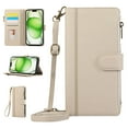 thumbnail image 1 of Zipper Wallet Cover for iPhone XS/X, Case with Crossbody Strap & Wrist Strap Card Holder Folding Stand Premium PU Leather Folio Flip Phone Case for Women for iPhone XS/X, Beige, 1 of 8