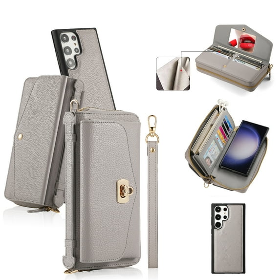 Zipper Wallet Handbag + Magnetic Phone Case for Samsung Galaxy S23 Ultra, Wrist Strap & Lanyard Lychee PU Leather Skew Bag Phone Cover with Makeup Mirror RFID Blocking Card Slots, Grey