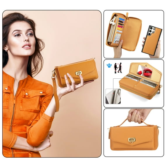 Multi-Functional Wallet Phone Case for Samsung Galaxy S23 with Card Holder RFID Blocking, Lychee Pattern PU Leather Wrist Strap & Lanyard Magnetic Phone Cover with Makeup Mirror, Orange