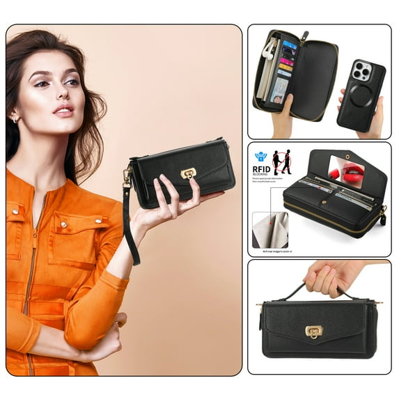 Zipper Wallet Handbag + Magnetic Phone Case for iPhone 11, Wrist Strap & Lanyard Lychee PU Leather Skew Bag Phone Cover with Makeup Mirror RFID Blocking Card Slots, Black
