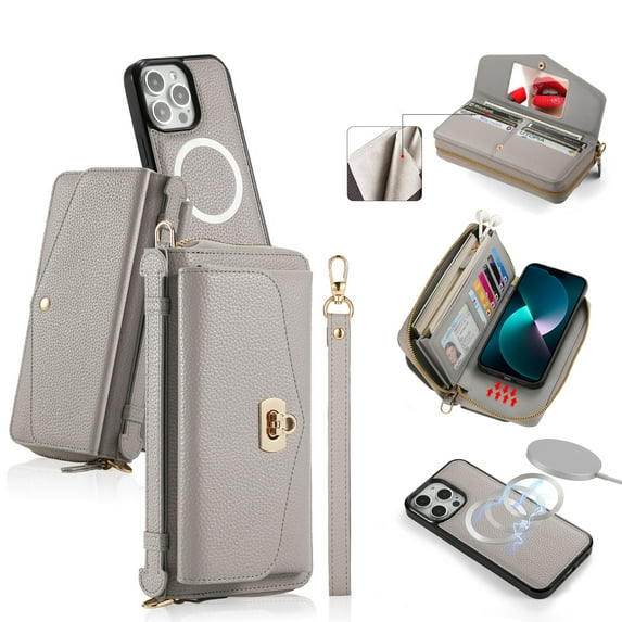 Zipper Wallet Handbag + Magnetic Phone Case for iPhone 12 Pro / iPhone 12 6", Wrist Strap & Lanyard Lychee PU Leather Skew Bag Cover with Makeup Mirror RFID Blocking Card Slots, Grey