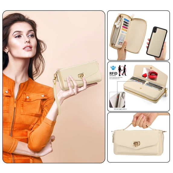 Zipper Wallet Handbag + Magnetic Phone Case for iPhone XR, Wrist Strap & Lanyard Lychee PU Leather Skew Bag Phone Cover with Makeup Mirror RFID Blocking Card Slots, Beige