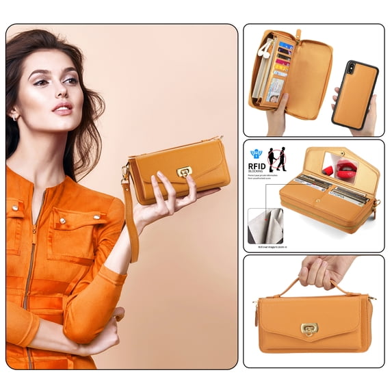 Zipper Wallet Handbag + Magnetic Phone Case for iPhone XS / iPhone X, Wrist Strap & Lanyard Lychee PU Leather Skew Bag Phone Cover with Makeup Mirror RFID Blocking Card Slots, Orange