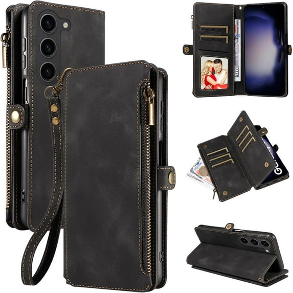 Zipper Wallet Leather Stand Phone Case for Samsung Galaxy A04 E S A14 A24 A25 A34 A54, Hand Rope, Bracket, Magnetic Copper Buckle Back Cover, Portable Shell