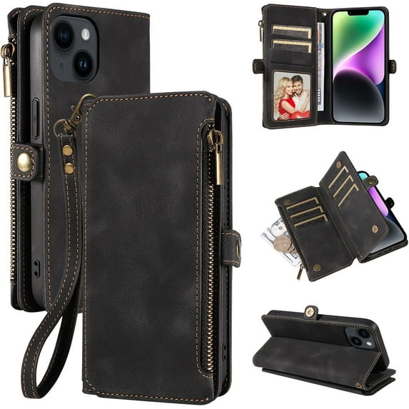 Zipper Wallet Leather Stand Phone Case for iPhone 13 12 / Pro Max/Pro/Mini, Hand Rope, Bracket, Magnetic Copper Buckle Back Cover, Portable Shell
