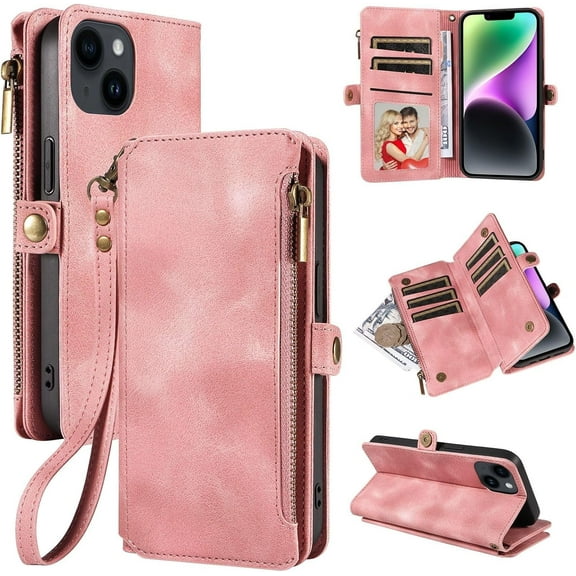 Zipper Wallet Leather Stand Phone Case for iPhone 14 15 / Pro Max/Pro/Plus, Hand Rope, Bracket, Magnetic Copper Buckle Back Cover, Portable Shell