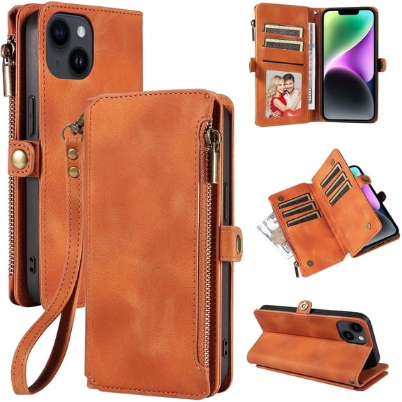 Zipper Wallet Leather Stand Phone Case for iPhone 14 15 / Pro Max/Pro/Plus, Hand Rope, Bracket, Magnetic Copper Buckle Back Cover, Portable Shell