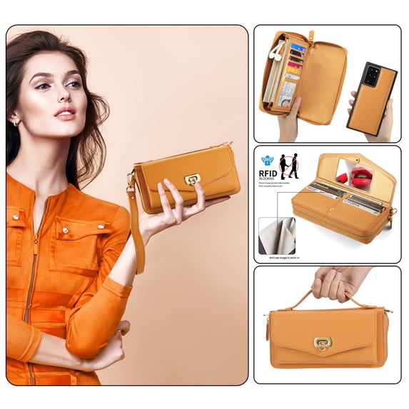 Zipper Wallet Magnetic Phone Case for Samsung Galaxy Note 20 with Wrist Strap & Lanyard, Lychee Pattern PU Leather Skew Bag Phone Cover with Makeup Mirror RFID Blocking Card Slots, Orange