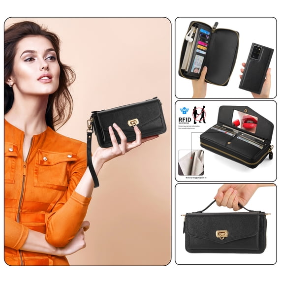 Zipper Wallet Magnetic Phone Case for Samsung Galaxy Note 20 with Wrist Strap & Lanyard, Lychee Pattern PU Leather Skew Bag Phone Cover with Makeup Mirror RFID Blocking Card Slots, Black
