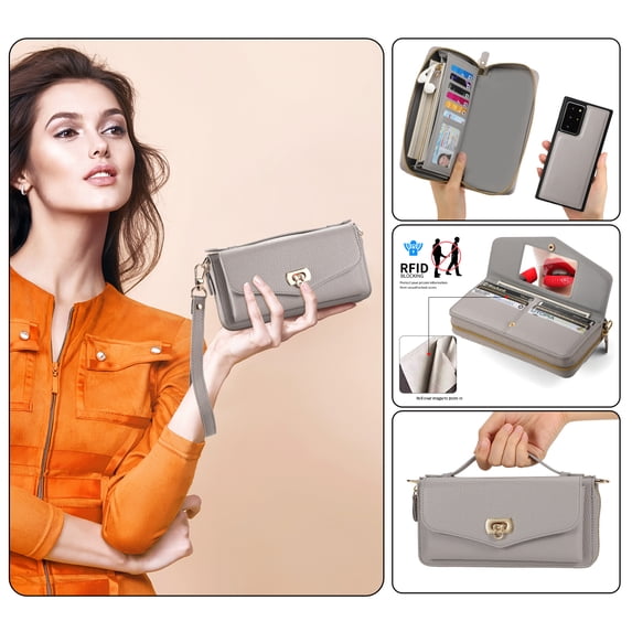 Zipper Wallet Magnetic Phone Case for Samsung Galaxy Note 20 with Wrist Strap & Lanyard, Lychee Pattern PU Leather Skew Bag Phone Cover with Makeup Mirror RFID Blocking Card Slots, Grey