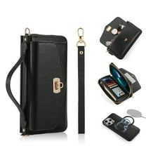 Zipper Wallet Magnetic Phone Case for iPhone 14 Plus with Wrist Strap & Lanyard, Lychee Pattern PU Leather Skew Bag Phone Cover with Makeup Mirror RFID Blocking Card Slots Case, Black